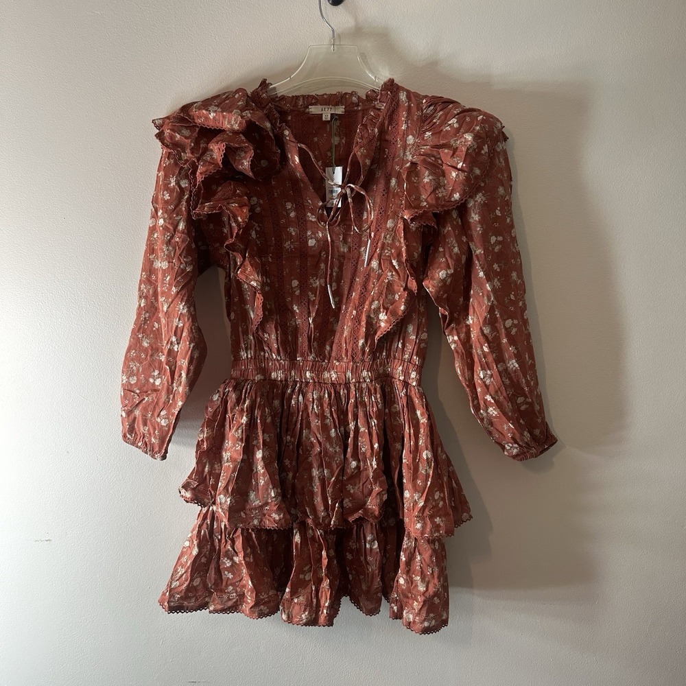American Eagle AE77 Premium Orange Floral Smocked Mini Dress Ruffle XS NWT $228
